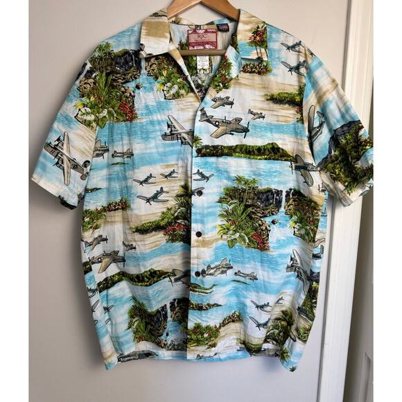 Vintage RJC War Planes Water Button Front Hawaiian Shirt Adult XL Hawaii Made - Picture 1 of 9